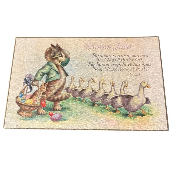 Postcard Anthropomorphic Ms Katinka Cat Easter Joys Basket Egg Bunny Ducks Humor - Picture 2 of 9